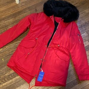 Red parka with fake fur trim size medium nwt
